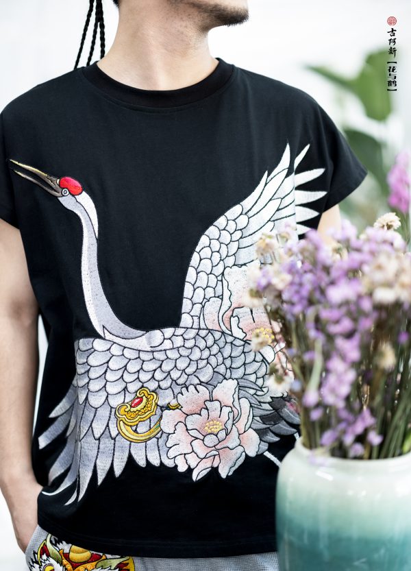 White Crane Embroidery T shirt - Image 3